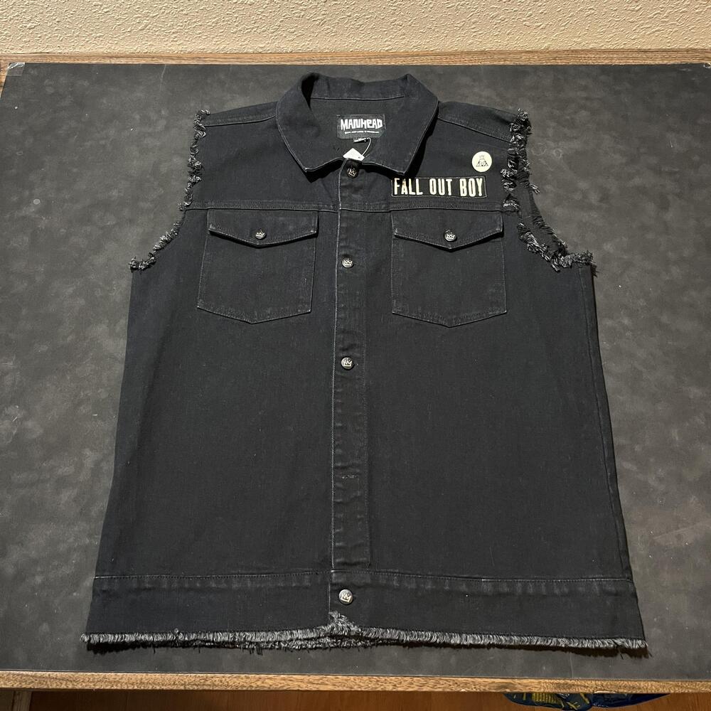Fall Out Boy Denim Jacket Manhead Vest Black Biker Cutoff Hot Topic Tiger Punk